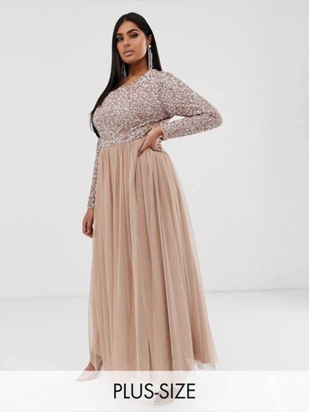 Maya Plus Bridesmaid Long Sleeve Maxi Tulle Dress With Tonal Delicate Sequin